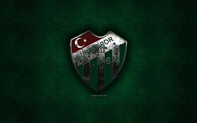Bursaspor, Turkish football club, gr&#246;n metall textur, metall-logotyp, emblem, Bursa, Turkiet, Super League, kreativ konst, fotboll