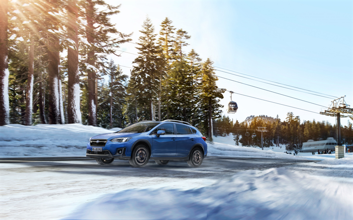 Subaru XV, 2019, exterior, compact crossover, new blue XV, Japanese car, riding in the snow, Subaru