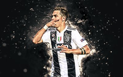 Paulo Dybala, 4k, Juventus, futbol, İtalya, neon ışıkları, Arjantin Serie A futbolcular, Komiser juve, Dybala, Bianconeri, yaratıcı