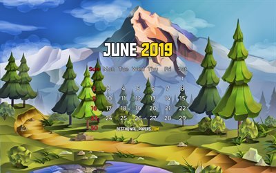 juni 2019 kalender -, 4k -, sommer-landschaft, 2019-kalender, comic-landschaft, juni 2019, abstrakte kunst, kalender-juni 2019, kunstwerk, 2019 kalender