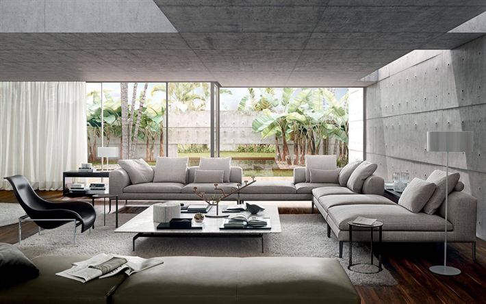 stylish apartments, living room, loft style, gray sofas, modern design living room, modern interior