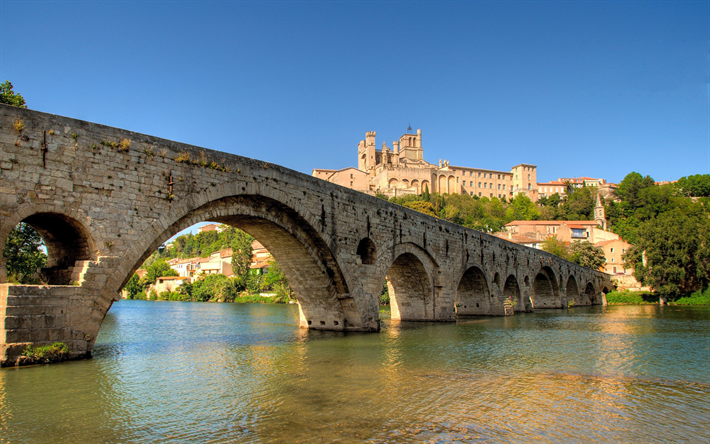 Beziers, The old bridge, Orb river, French city, spring, sunset, France, andmark