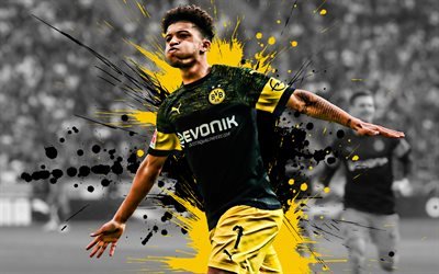 Jadon Sancho, 4k, Englanti jalkapalloilija, Borussia Dortmund, keskikentt&#228;pelaaja, keltainen-musta maali roiskeet, BVB, creative art, Bundesliiga, Saksa, jalkapallo, grunge