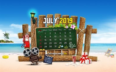 Juli 2019 Kalender, 4k, sommar strand, 2019 kalender, tecknat landskap, Juli 2019, abstrakt konst, Kalender Juli 2019, konstverk, 2019 kalendrar