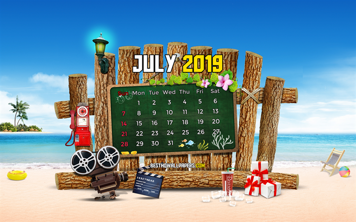 Temmuz 2019 Takvim, 4k, yaz plaj, 2019 takvim, karikat&#252;r manzara, 2019 Temmuz, soyut sanat, Takvim 2019 Temmuz, sanat, takvimler 2019