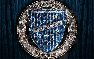 Godoy Cruz Antonio Tomba, scorched logo, Argentine Primera Division, blue wooden background, Argentinean football club, Argentine Superleague, grunge, Godoy Cruz FC, soccer, Godoy Cruz logo, Argentina