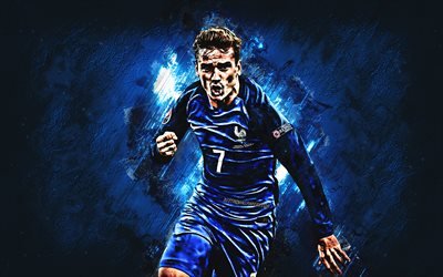 Antoine Griezmann, France national football team, number 7, striker, joy, blue stone, famous footballers, football, french footballers, grunge, France, Griezmann