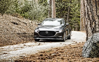 Mazda3セダン, 4k, 道路, 2019両, グレーのマツダ3, 森林, 2019マツダ3セダン, 日本車, マツダ