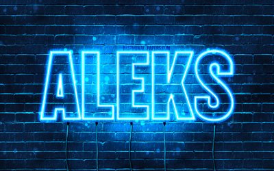 Aleks, 4k, wallpapers with names, Aleks name, blue neon lights, Happy Birthday Aleks, popular polish male names, picture with Aleks name