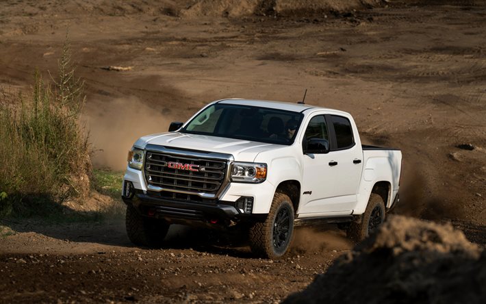 2021, GMC Canyon, exterior, front view, white pickup truck, new white Canyon AT4, american cars, GMC