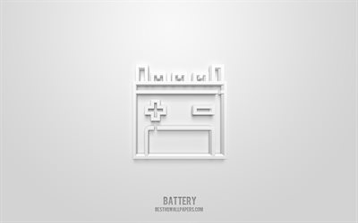 Batteri 3d ikon, vit bakgrund, 3d symboler, Batteri, Elektriska ikoner, 3d ikoner, Batteri tecken, Elektriska 3d ikoner