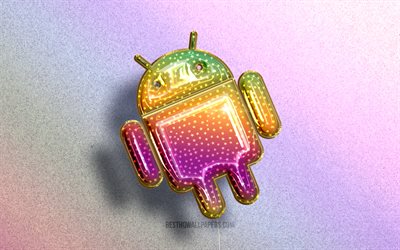 4K, Android logosu, renkli ger&#231;ek&#231;i balonlar, işletim sistemi, renkli arka planlar, Android 3D logo, yaratıcı, Android