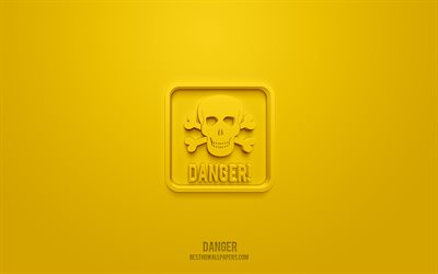 danger 3d-symbol, gelber hintergrund, 3d-symbole, gefahr, warnsymbole, gefahrenzeichen, warn-3d-symbole, gelbe warnschilder