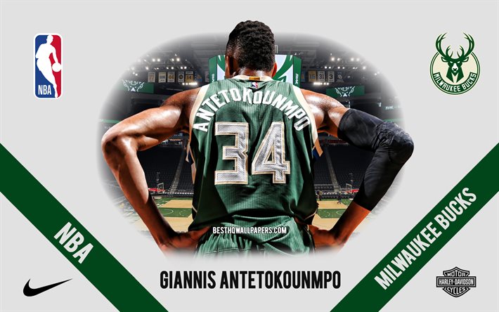 Giannis Antetokounmpo, Milwaukee Bucks, Joueur de basket grec, NBA, portrait, Etats-Unis, basket-ball, Fiserv Forum, Milwaukee Bucks logo