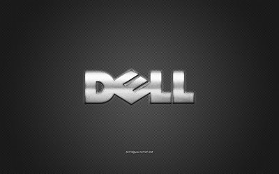 Dell logo, white carbon background, Dell metal logo, Dell white emblem, Dell, carbon texture