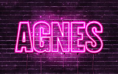 Agnes, 4k, isimleri ile duvar kağıtları, kadın isimleri, Agnes adı, mor neon ışıkları, Happy Birthday Agnes, pop&#252;ler Danimarkalı kadın isimleri, Agnes adı ile resim