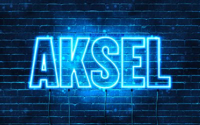 Aksel, 4k, bakgrundsbilder med namn, Aksel namn, bl&#229; neonljus, Happy Birthday Aksel, popul&#228;ra danska manliga namn, bild med Aksel namn