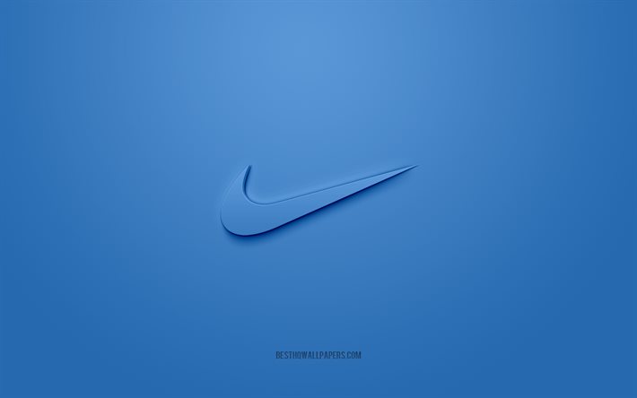 Nike logo, sininen tausta, Nike 3d logo, 3d art, Nike, tuotemerkkien logo, sininen 3d Nike loki