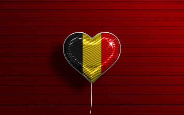 I Love Belgium, 4k, realistic balloons, red wooden background, Belgian flag heart, favorite countries, flag of Belgium, balloon with flag, Belgian flag, Love Belgium