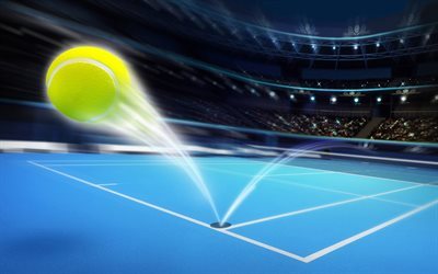 Tennis, blue tennis court, tennis ball