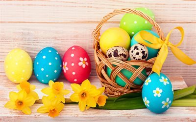 Easter, basket, Easter eggs, yellow flowers, spring