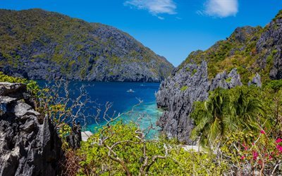 Palawan, Ilha, bay, ver&#227;o, mar, rochas, Filipinas