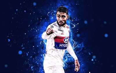 Nabil Fekir, 4k, O Olympique de Lyon FC, objetivo, Liga 1, Franc&#234;s de futebolistas, Fekir, luzes de neon, futebol, Fran&#231;a
