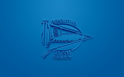 Deportivo Alaves, creative 3D logo, blue background, 3d emblem, Spanish football club, La Liga, Vitoria-Gasteiz, Spain, 3d art, football, stylish 3d logo
