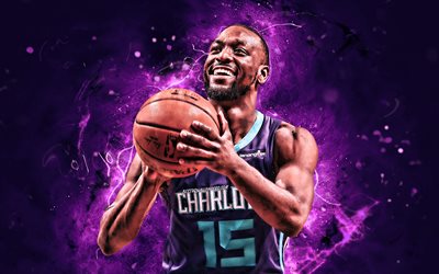 Kemba Walker, basketball stars, NBA, violet uniform, Charlotte Hornets, Kemba Hudley Walker, basketball, neon lights, creative