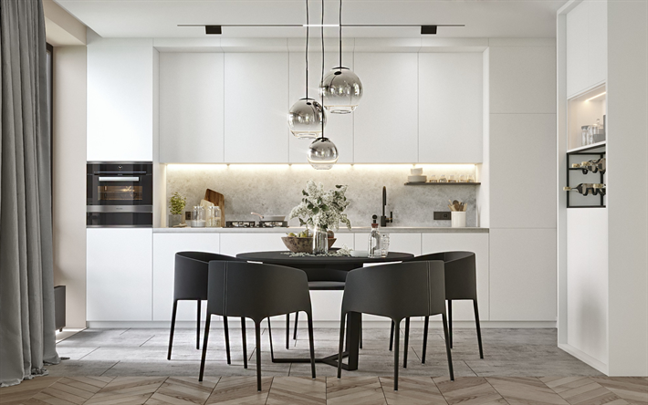 stylish kitchen interior, gray furniture, light gray kitchen, glass balls lamp, modern design interior, dining room, kitchen
