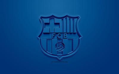 FCバルセロナ, 創作3Dロゴ, 青色の背景, 3dエンブレム, スペインサッカークラブ, バルセロナ, カタルーニャ, スペイン, 3dアート, サッカー, お洒落な3dロゴ