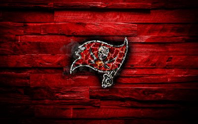 Tampa Bay Buccaneers, 4k, scorched logo, NFL, red wooden background, american baseball team, National Football Conference, grunge, baseball, Tampa Bay Buccaneers logo, fire texture, USA, NFC
