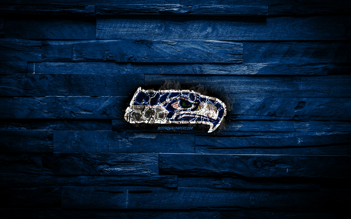 Seattle Seahawks, 4k, scorched logo, NFL, blue wooden background, american baseball team, National Football Conference, grunge, baseball, Seattle Seahawks logo, fire texture, USA, NFC