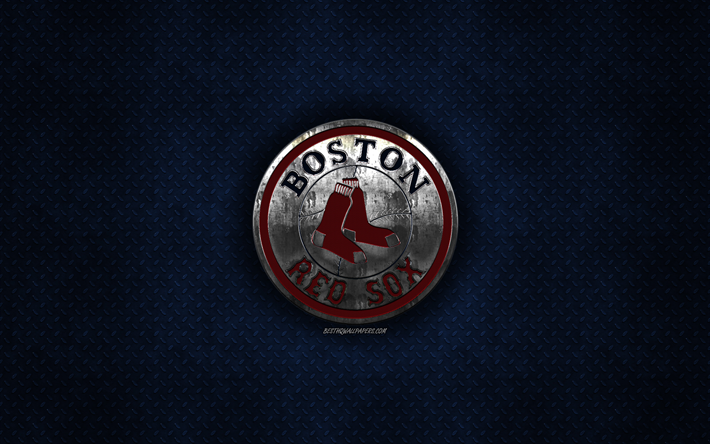 Boston Red Sox, American baseball club, blue metal texture, metal logo, emblem, MLB, Boston, Massachusetts, USA, Major League Baseball, creative art, baseball