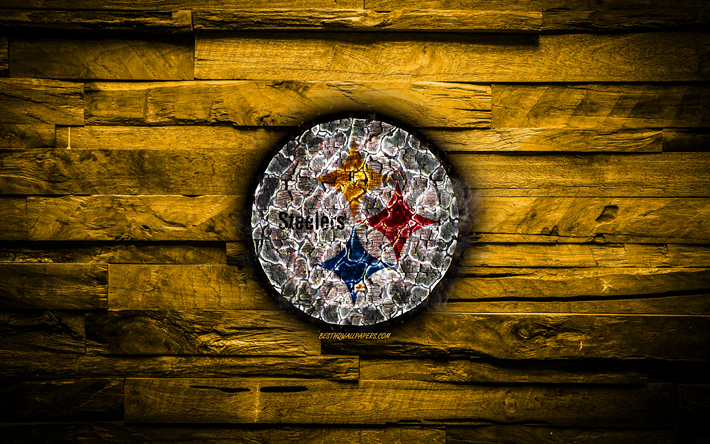 Pittsburgh Steelers, 4k, scorched logo, NFL, yellow wooden background, american baseball team, American Football Conference, grunge, baseball, Pittsburgh Steelers logo, fire texture, USA, AFC