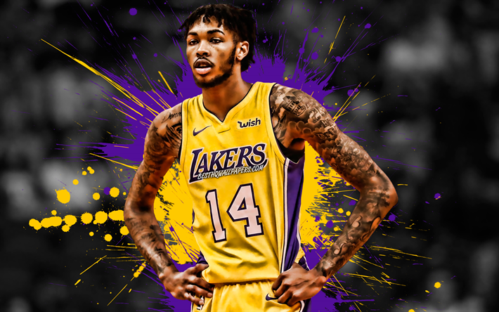 Brandon Ingram, American basketball player, Los Angeles Lakers, forward, yellow-purple paint splashes, creative art, NBA, USA, basketball, National Basketball Association, grunge