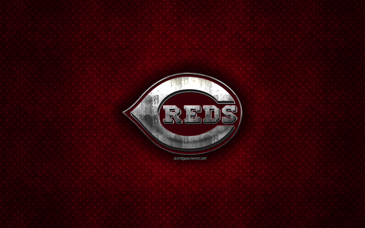 Cincinnati Reds, Amerikansk baseball club, r&#246;d metall textur, metall-logotyp, emblem, MLB, Cincinnati, Ohio, USA, Major League Baseball, kreativ konst, baseball