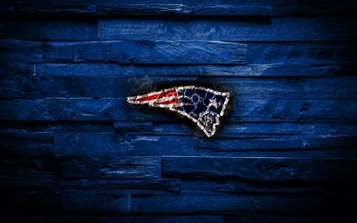 New England Patriots, 4k, kavrulmuş logo, NFL, mavi ahşap arka plan, Amerikan beyzbol takımı, Amerikan Futbol Konferansı, grunge, beyzbol, New England Patriots logo, yangın, doku, ABD, AFC