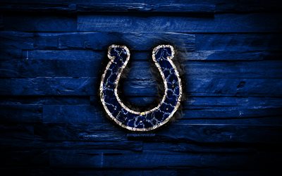 Indianapolis Colts, 4k, bruciata logo, NFL, blu, di legno, sfondo, americano, baseball, Football Americano Conferenza, grunge, Indianapolis Colts logo, texture del fuoco, USA, AFC