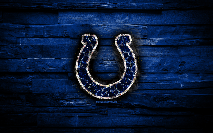 Indianapolis Colts, 4k, br&#251;l&#233;e logo, de la NFL, bleu, en bois, fond, american &#233;quipe de baseball, de Football Am&#233;ricain de la Conf&#233;rence, le grunge, le baseball, les Indianapolis Colts logo, le feu de la texture, etats-unis, l&#39