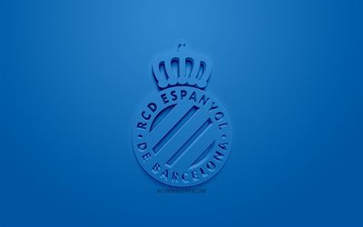RCD村, 創作3Dロゴ, 青色の背景, 3dエンブレム, スペインサッカークラブ, のリーグ, バルセロナ, スペイン, 3dアート, サッカー, お洒落な3dロゴ