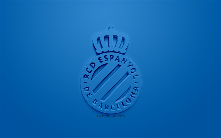 RCD Espanyol, kreativa 3D-logotyp, bl&#229; bakgrund, 3d-emblem, Spansk fotbollsklubb, Ligan, Barcelona, Spanien, 3d-konst, fotboll, snygg 3d-logo