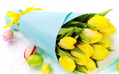 bouquet of yellow tulips, beautiful yellow flowers, tulips, Easter, spring, Easter eggs, flowers of respect, yellow tulips