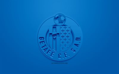 خيتافي CF, الإبداعية شعار 3D, خلفية زرقاء, 3d شعار, الاسباني لكرة القدم, الدوري, خيتافي, إسبانيا, الفن 3d, كرة القدم, أنيقة شعار 3d