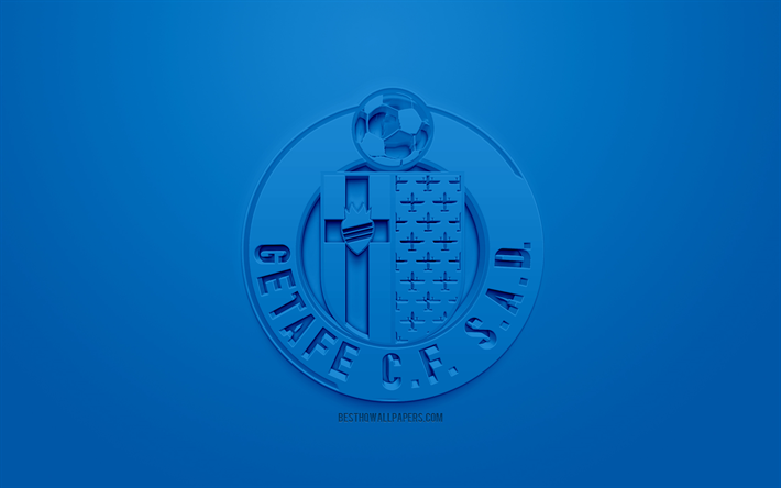 Getafe CF, cr&#233;atrice du logo 3D, fond bleu, 3d embl&#232;me, club de football espagnol, Liga, Getafe, Espagne, art 3d, le football, l&#39;&#233;l&#233;gant logo 3d