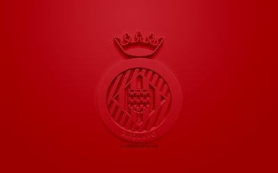 جيرونا FC, الإبداعية شعار 3D, خلفية حمراء, 3d شعار, الاسباني لكرة القدم, الدوري, جيرونا, إسبانيا, الفن 3d, كرة القدم, أنيقة شعار 3d