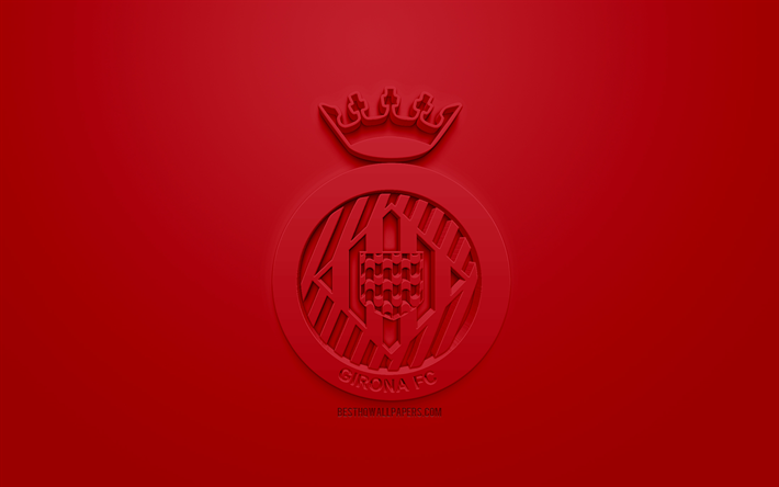 Girona FC, kreativa 3D-logotyp, r&#246;d bakgrund, 3d-emblem, Spansk fotbollsklubb, Ligan, Girona, Spanien, 3d-konst, fotboll, snygg 3d-logo