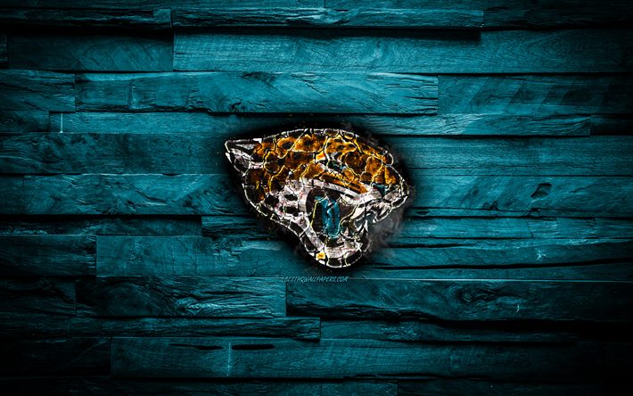 Jacksonville Jaguars, 4k, bruciata logo, NFL, blu, di legno, sfondo, americano, baseball, Football Americano Conferenza, grunge, Jacksonville Jaguars logo, texture del fuoco, USA, AFC