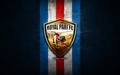 Royal Pari FC, golden logo, Bolivian Primera Division, blue metal background, football, Venezuelan football club, Club Royal Pari logo, soccer, Venezuelan Primera Division, Club Royal Pari