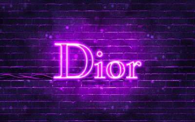 dior violet logosu, 4k, violet brickwall, dior logosu, moda markaları, dior neon logosu, dior